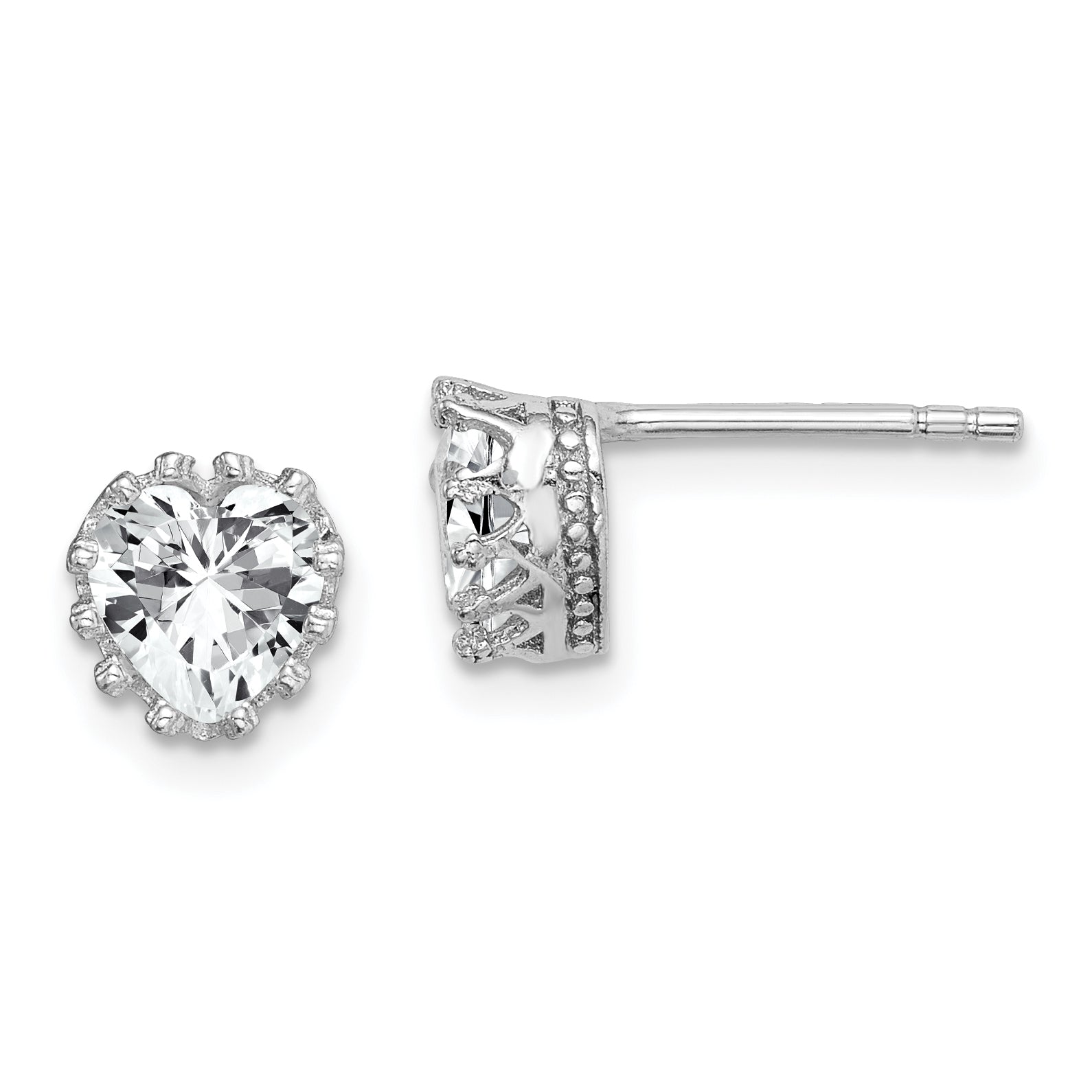 Sterling Silver RH-plated Polished & Textured 6mm Heart CZ Stud Earrings Main image