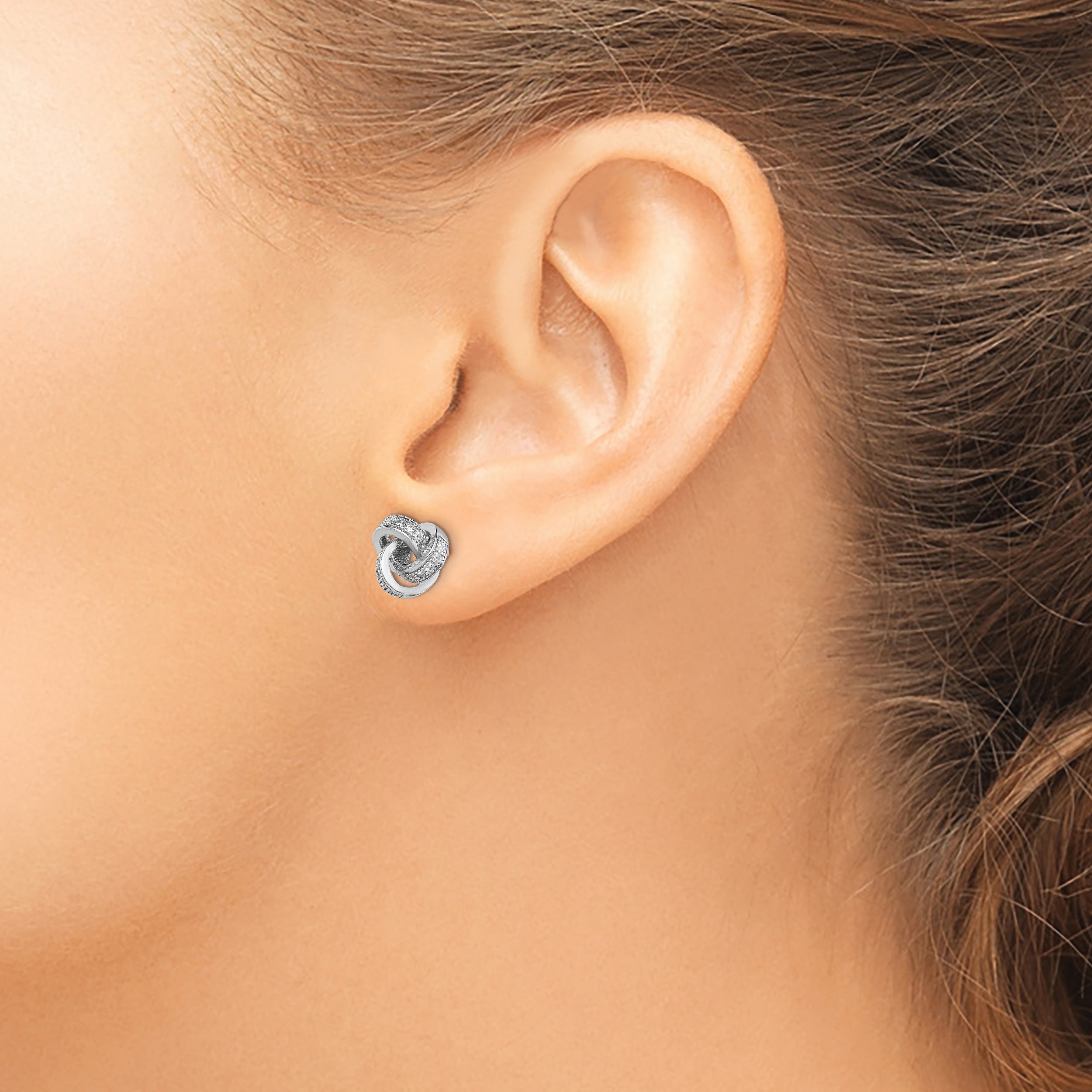 Sterling Silver Rhodium-plated Polished CZ Love Knot Post Earrings