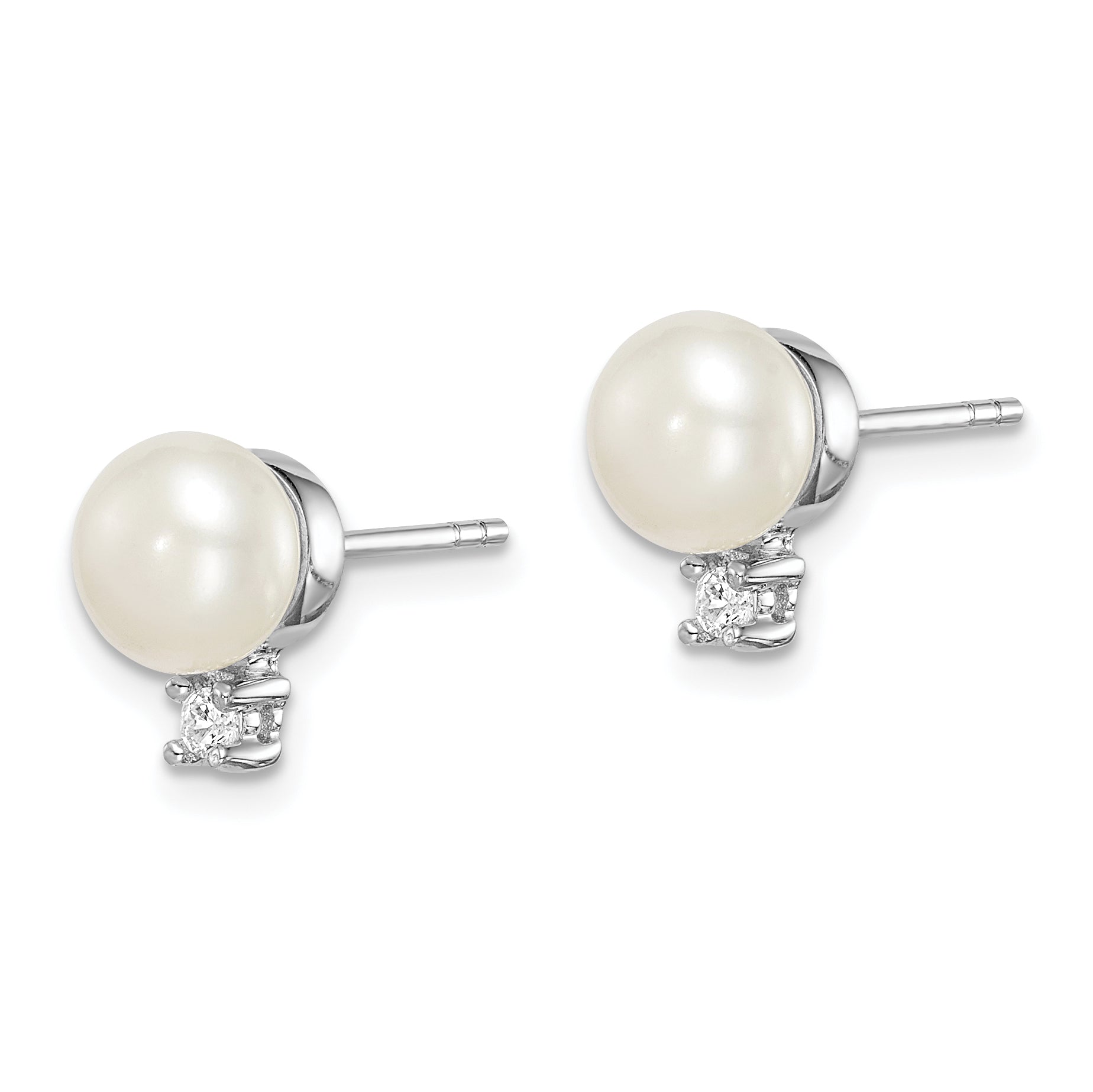 Sterling Silver Rhodium-plated 6-7mm White Button Freshwater Cultured Pearl and CZ Post Earrings