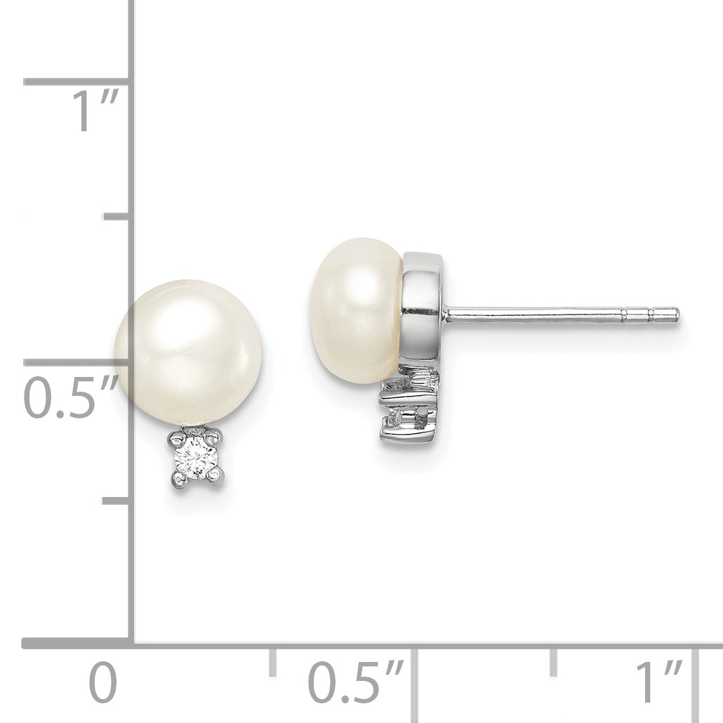 Sterling Silver Rhodium-plated 6-7mm White Button Freshwater Cultured Pearl and CZ Post Earrings