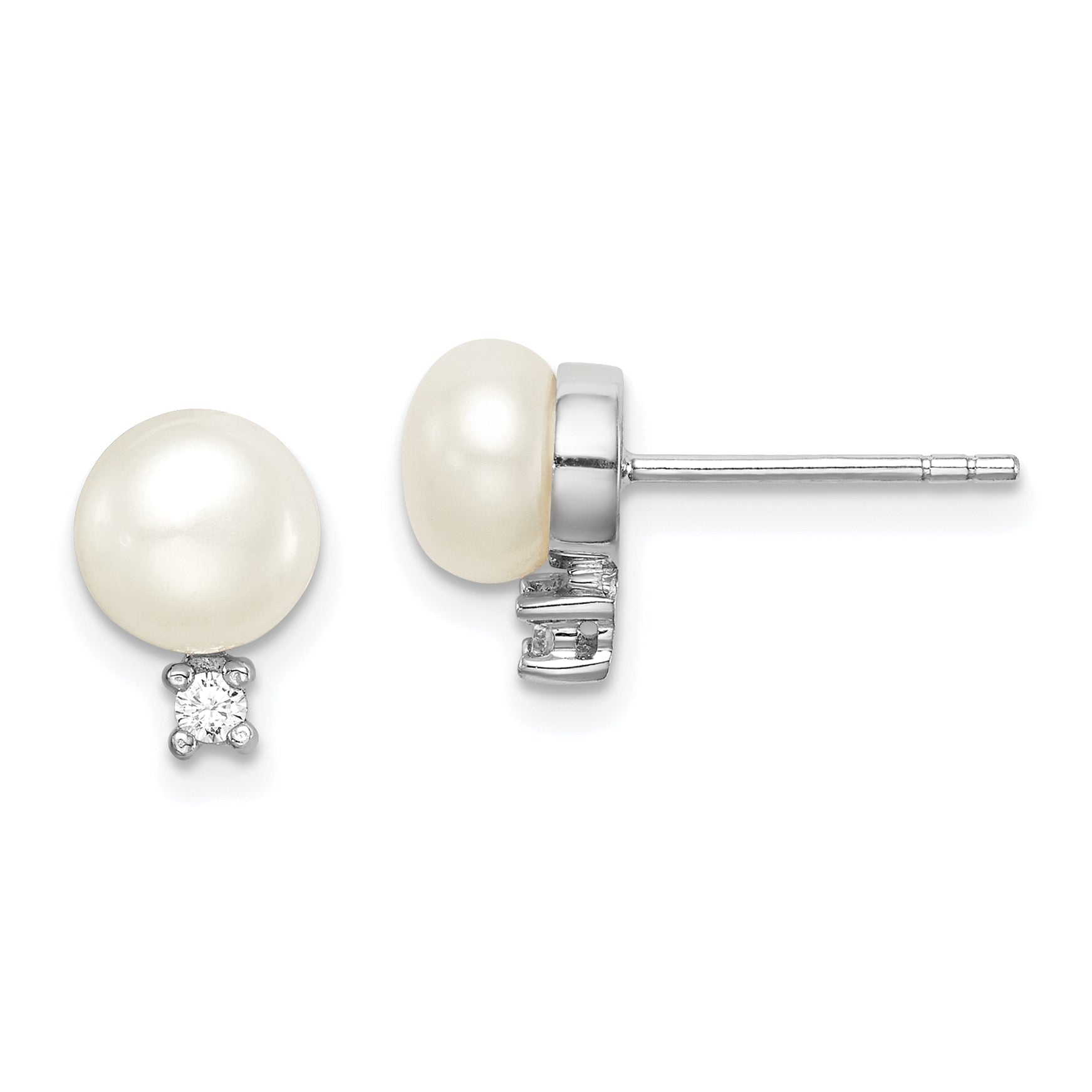 Sterling Silver Rhodium-plated 6-7mm White Button Freshwater Cultured Pearl and CZ Post Earrings