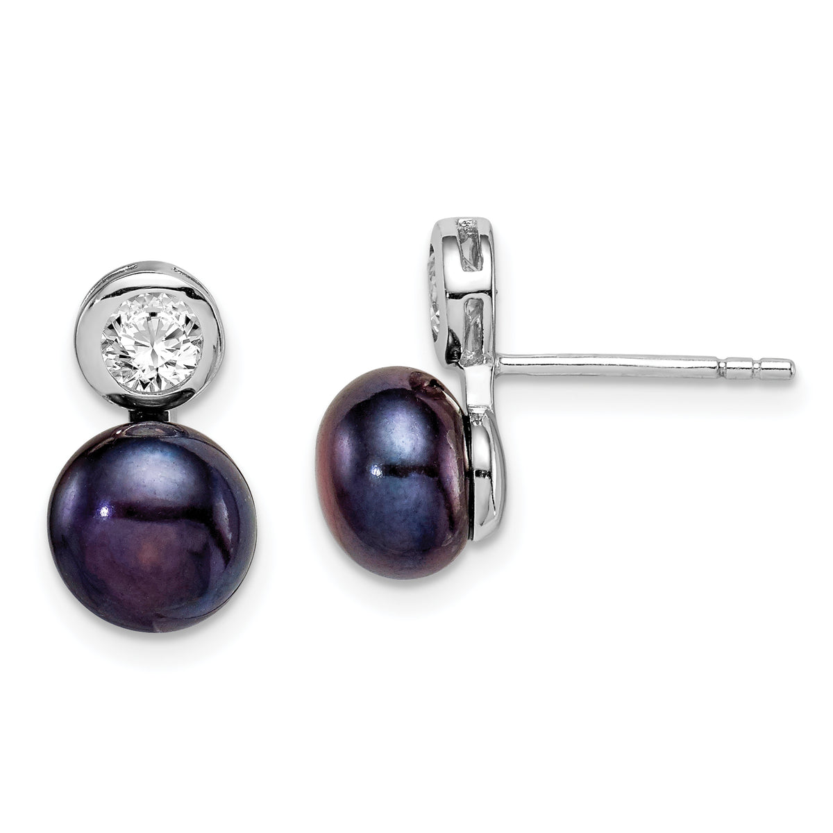 Sterling Silver Rhodium-plated 7-8mm Black Button Freshwater Cultured Pearl and CZ Post Earrings