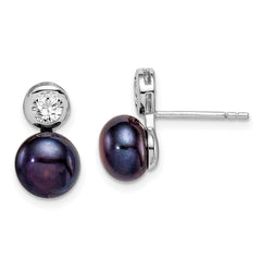 Sterling Silver Rhodium-plated 7-8mm Black Button Freshwater Cultured Pearl and CZ Post Earrings