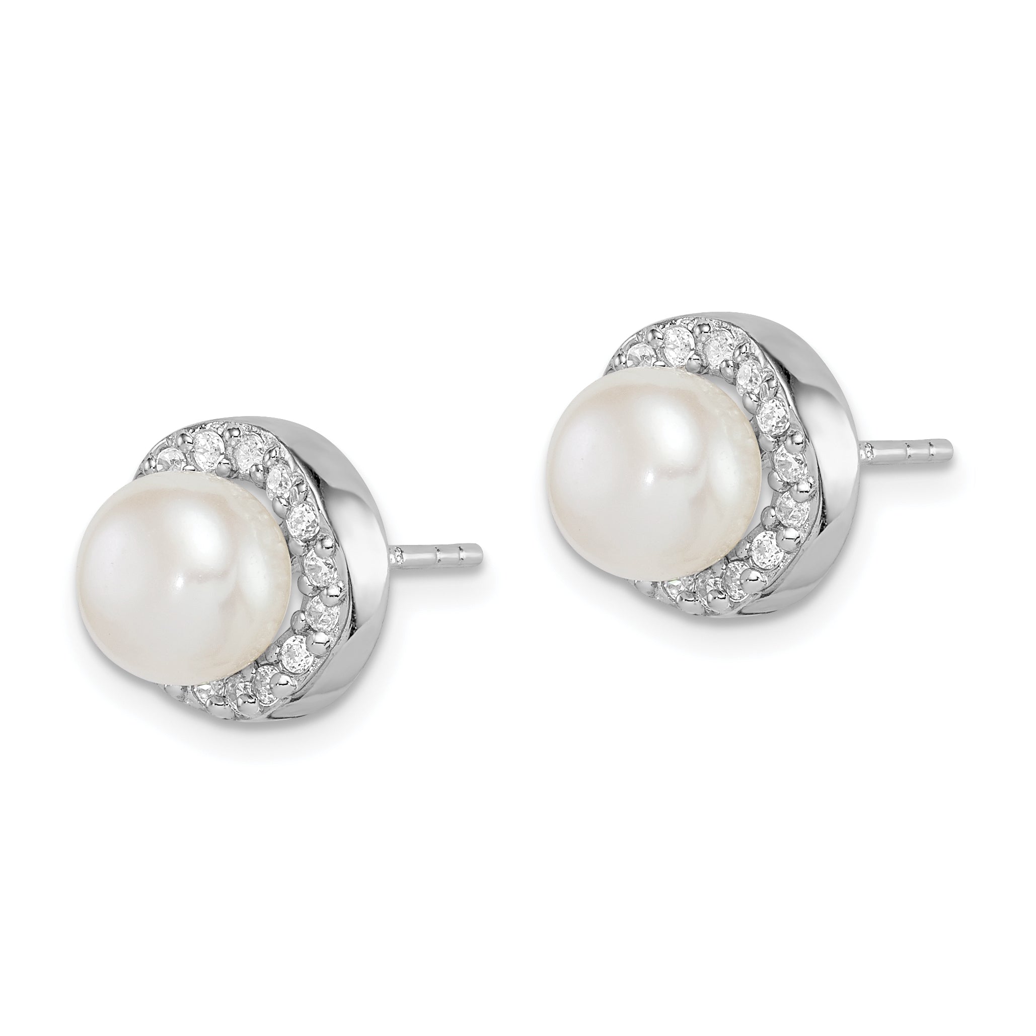 Sterling Silver Rhodium-plated 7-8mm White Button Freshwater Cultured Pearl and CZ Post Earrings Secondary image