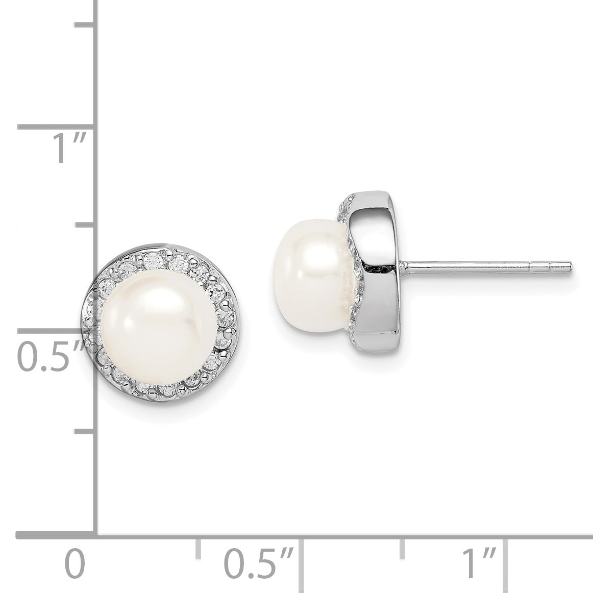 Sterling Silver Rhodium-plated 7-8mm White Button Freshwater Cultured Pearl and CZ Post Earrings