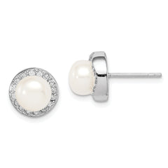 Sterling Silver Rhodium-plated 7-8mm White Button Freshwater Cultured Pearl and CZ Post Earrings
