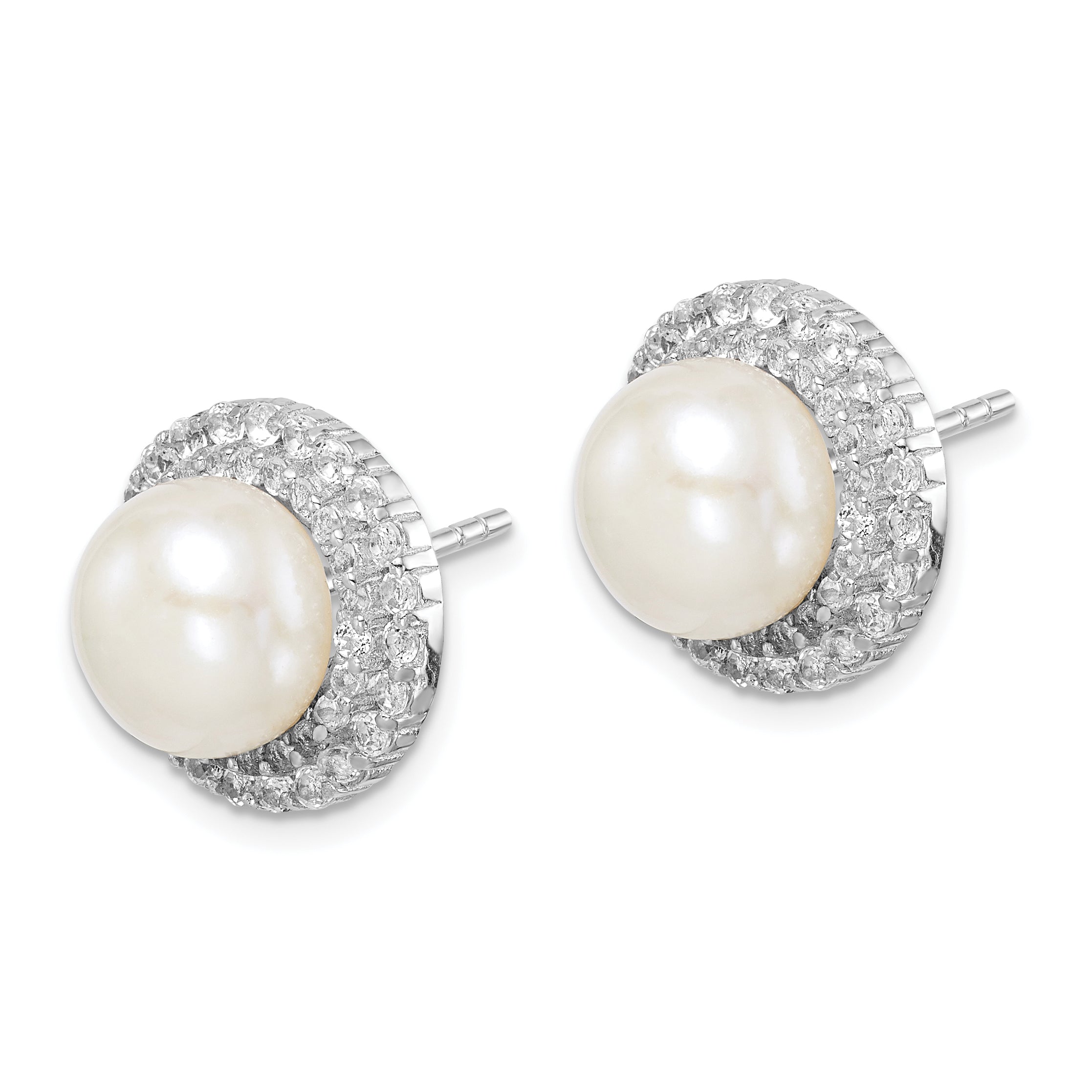 Sterling Silver Rhodium-plated 8-9mm White Button Freshwater Cultured Pearl and CZ Post Earrings