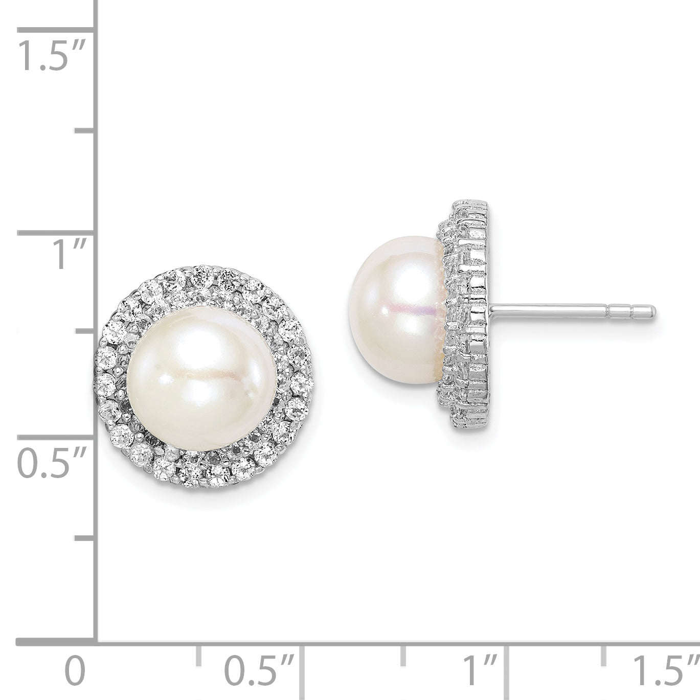 Sterling Silver Rhodium-plated 8-9mm White Button Freshwater Cultured Pearl and CZ Post Earrings