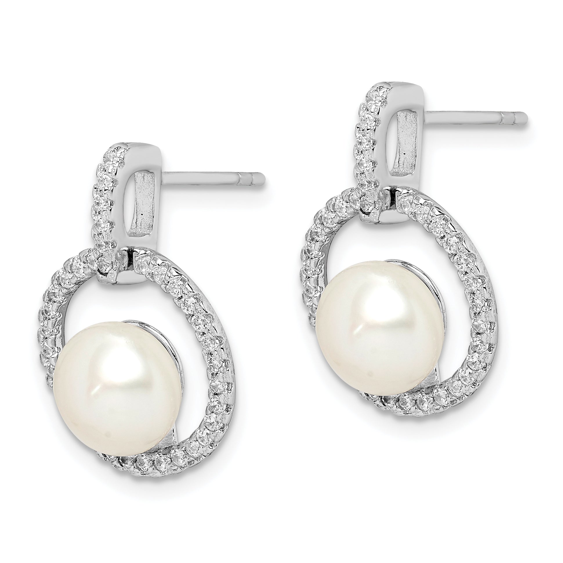 Sterling Silver Rhodium-plated 8-9mm White Button Freshwater Cultured Pearl and CZ Post Dangle Earrings Secondary image