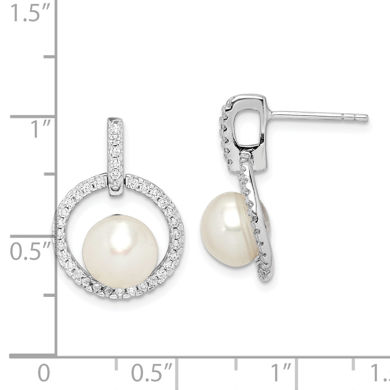 Sterling Silver Rhodium-plated 8-9mm White Button Freshwater Cultured Pearl and CZ Post Dangle Earrings