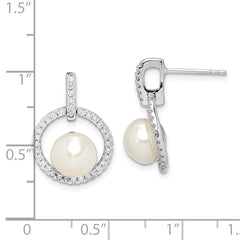 Sterling Silver Rhodium-plated 8-9mm White Button Freshwater Cultured Pearl and CZ Post Dangle Earrings