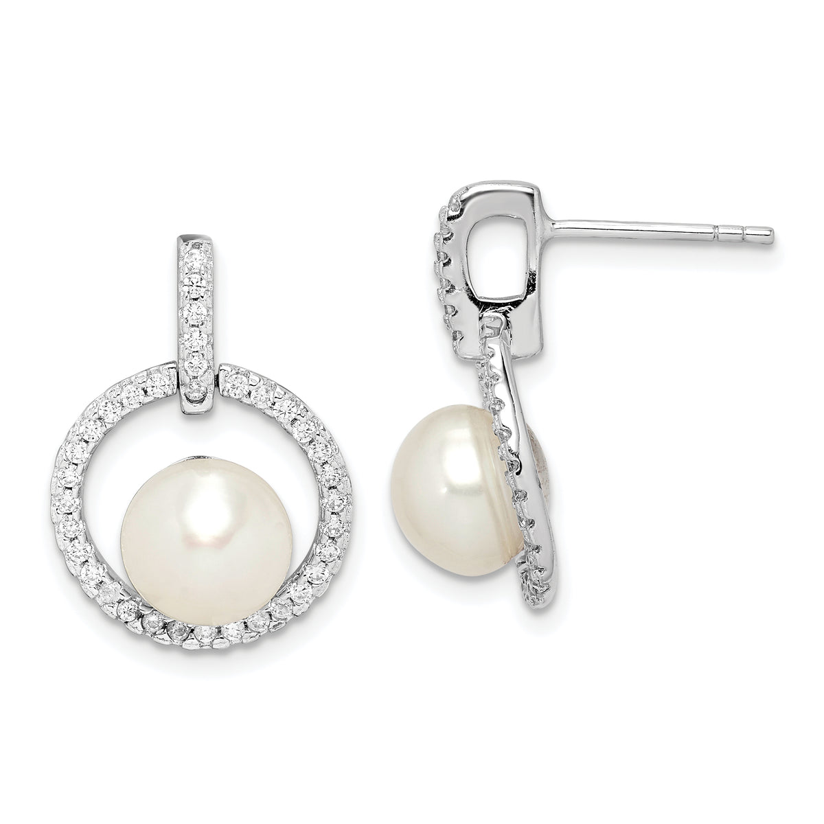 Sterling Silver Rhodium-plated 8-9mm White Button Freshwater Cultured Pearl and CZ Post Dangle Earrings