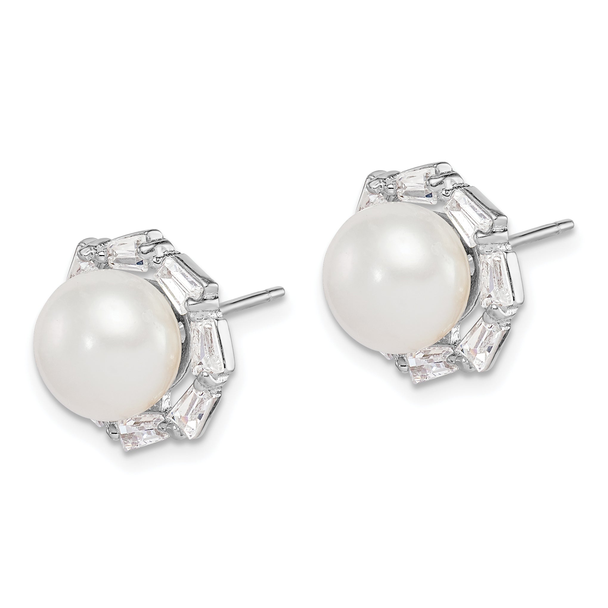 Sterling Silver Rhodium-plated 8-9mm White Button Freshwater Cultured Pearl and CZ Post Earrings Secondary image