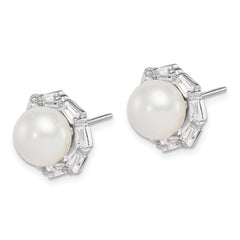 Sterling Silver Rhodium-plated 8-9mm White Button Freshwater Cultured Pearl and CZ Post Earrings
