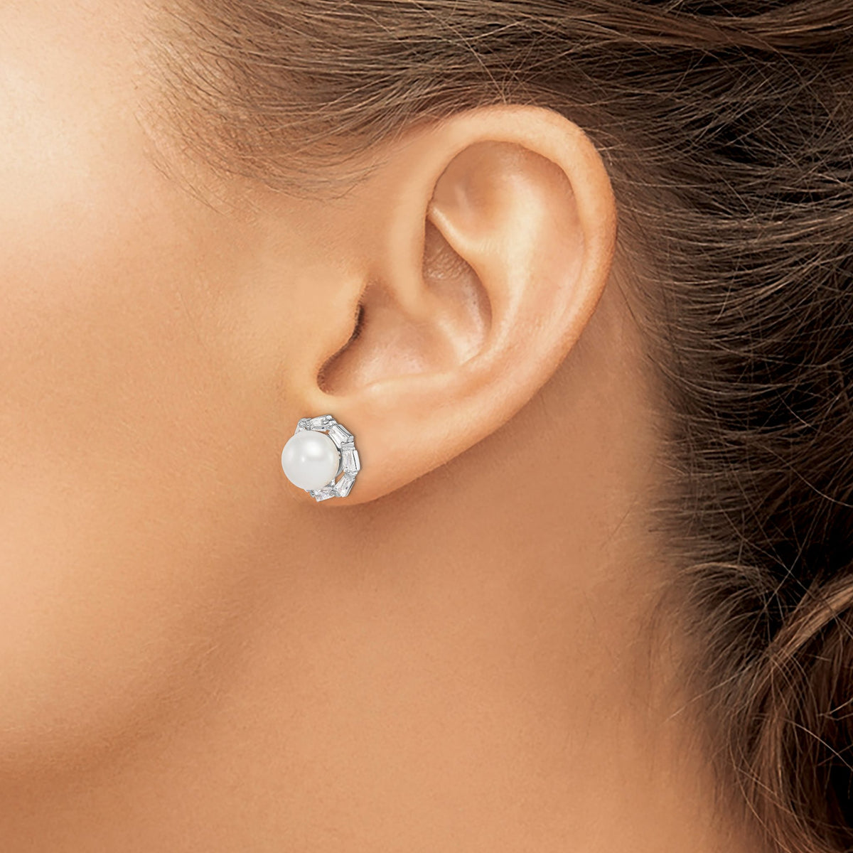 Baguette Halo Freshwater Pearl & Cubic Zirconia Stud Earrings in Sterling Silver - Sophia Jewelers