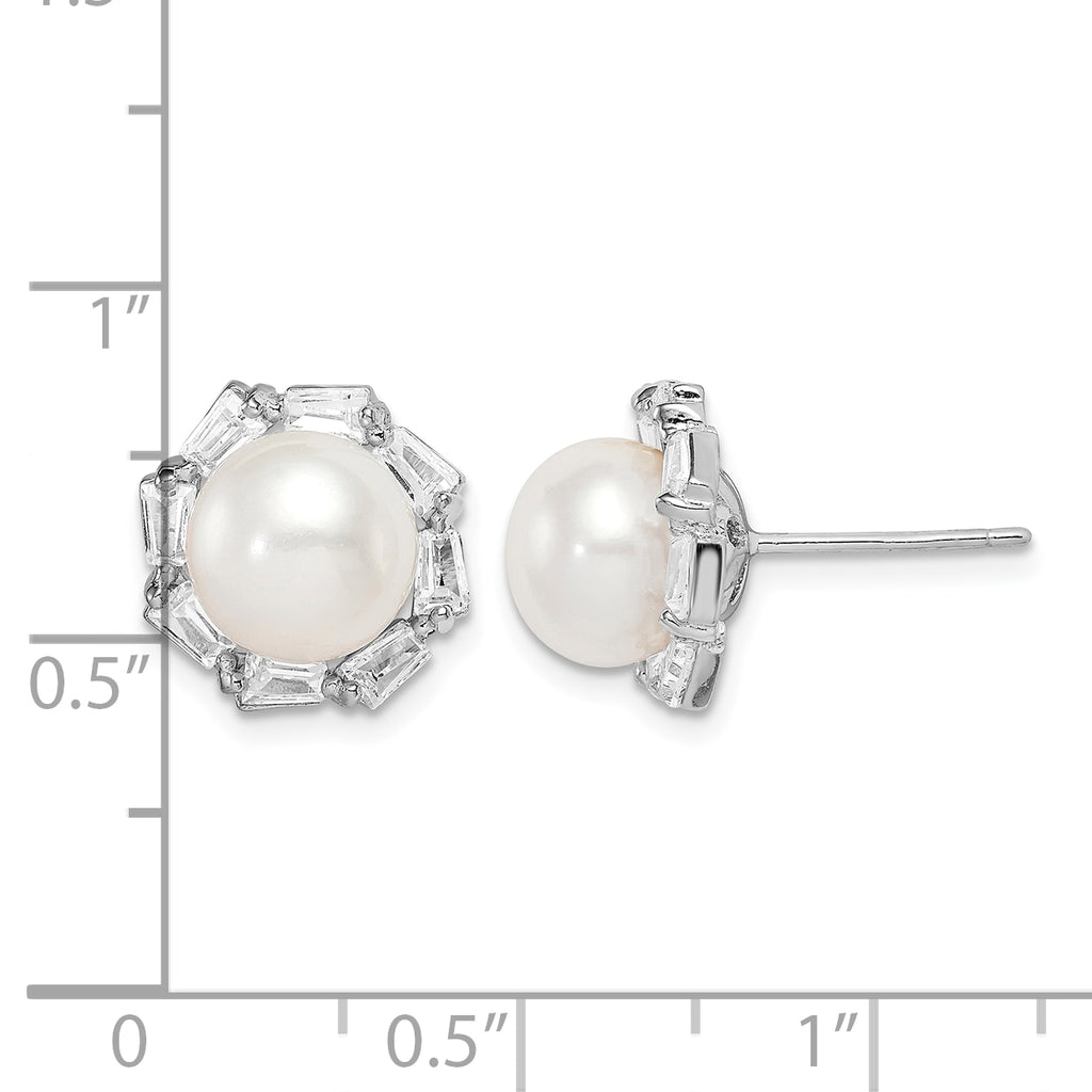 Baguette Halo Freshwater Pearl & Cubic Zirconia Stud Earrings in Sterling Silver - Sophia Jewelers