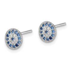 Sterling Silver Rhodium plated Blue Spinel and Clear CZ Post Earrings
