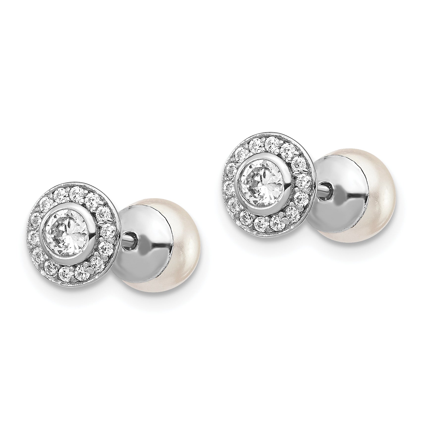 Sterling Silver Rhodium-plated Polished White 5-6mm Mother of Pearl & CZ Halo Reversible Post Earrings Secondary image
