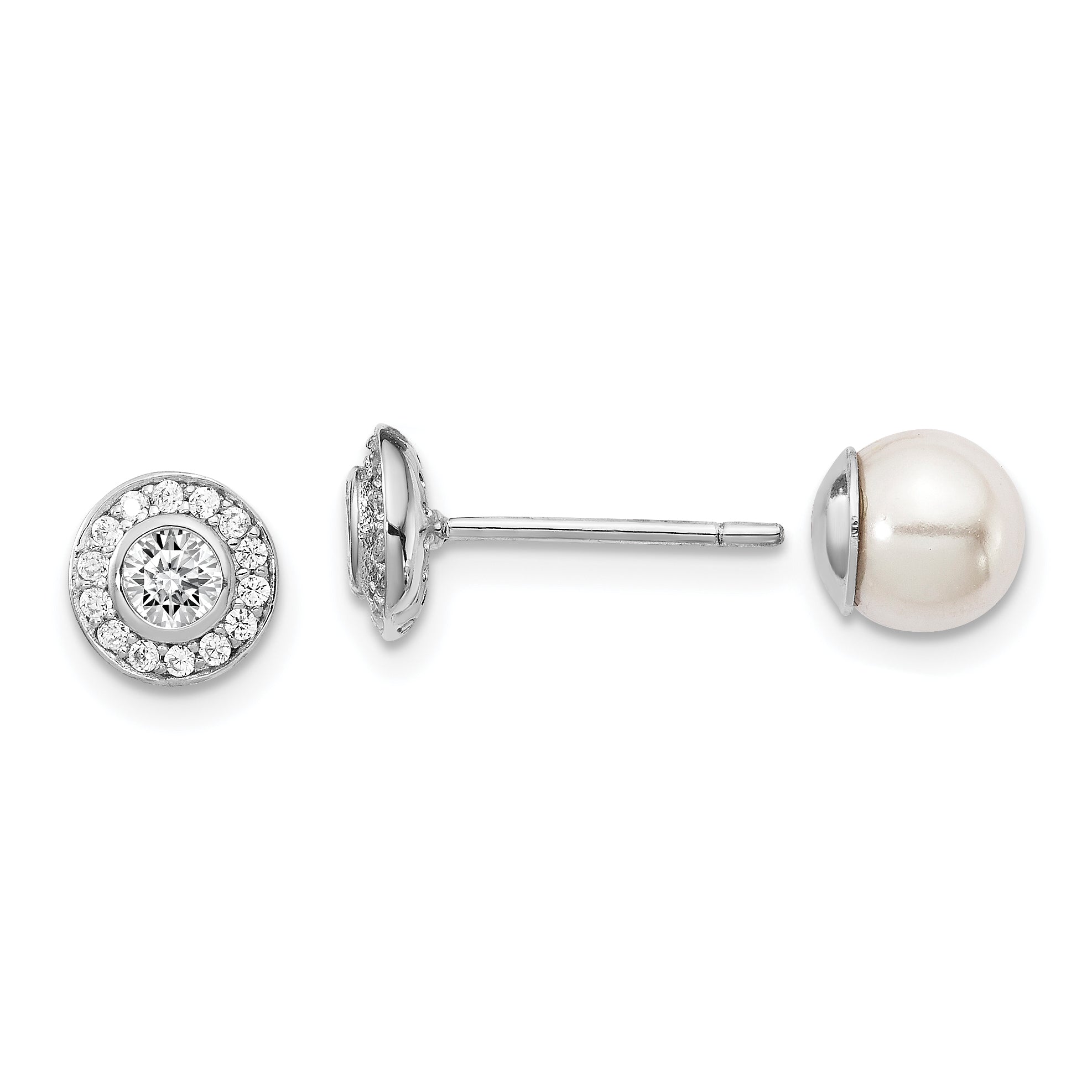 Sterling Silver Rhodium-plated Polished White 5-6mm Mother of Pearl & CZ Halo Reversible Post Earrings