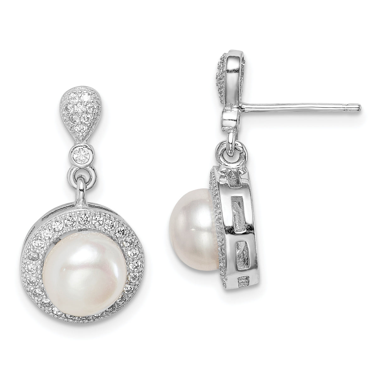 Sterling Silver Rhodium-plated 8mm Imitation Shell Pearl CZ Post Earrings