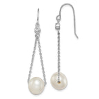 Sterling Silver Rhodium-plated 9-10mm White Semi-Round Freshwater Cultured Pearl and CZ Dangle Earrings
