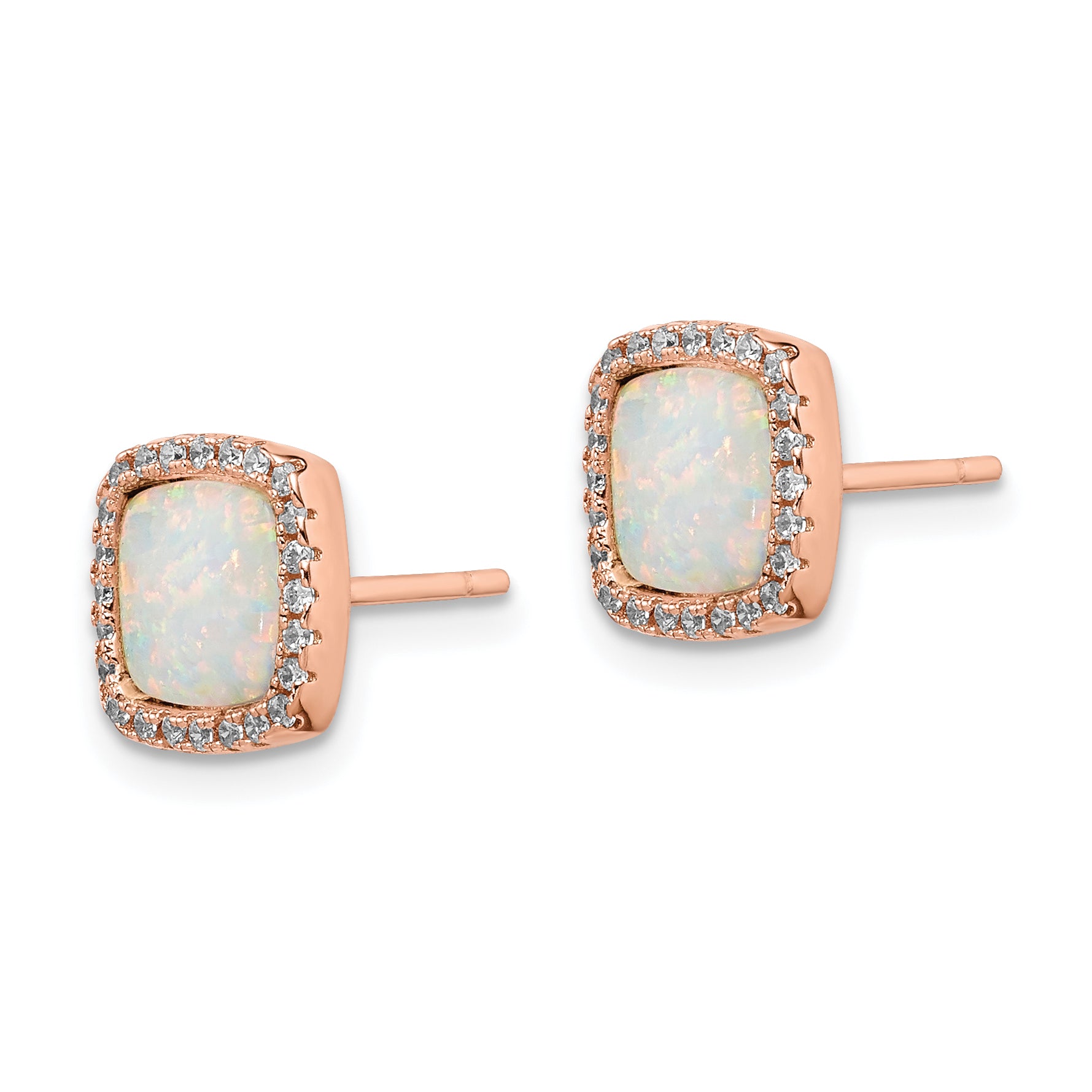 Sterling Silver Rose-Tone Created Opal & CZ Square Halo Post Earrings Secondary image