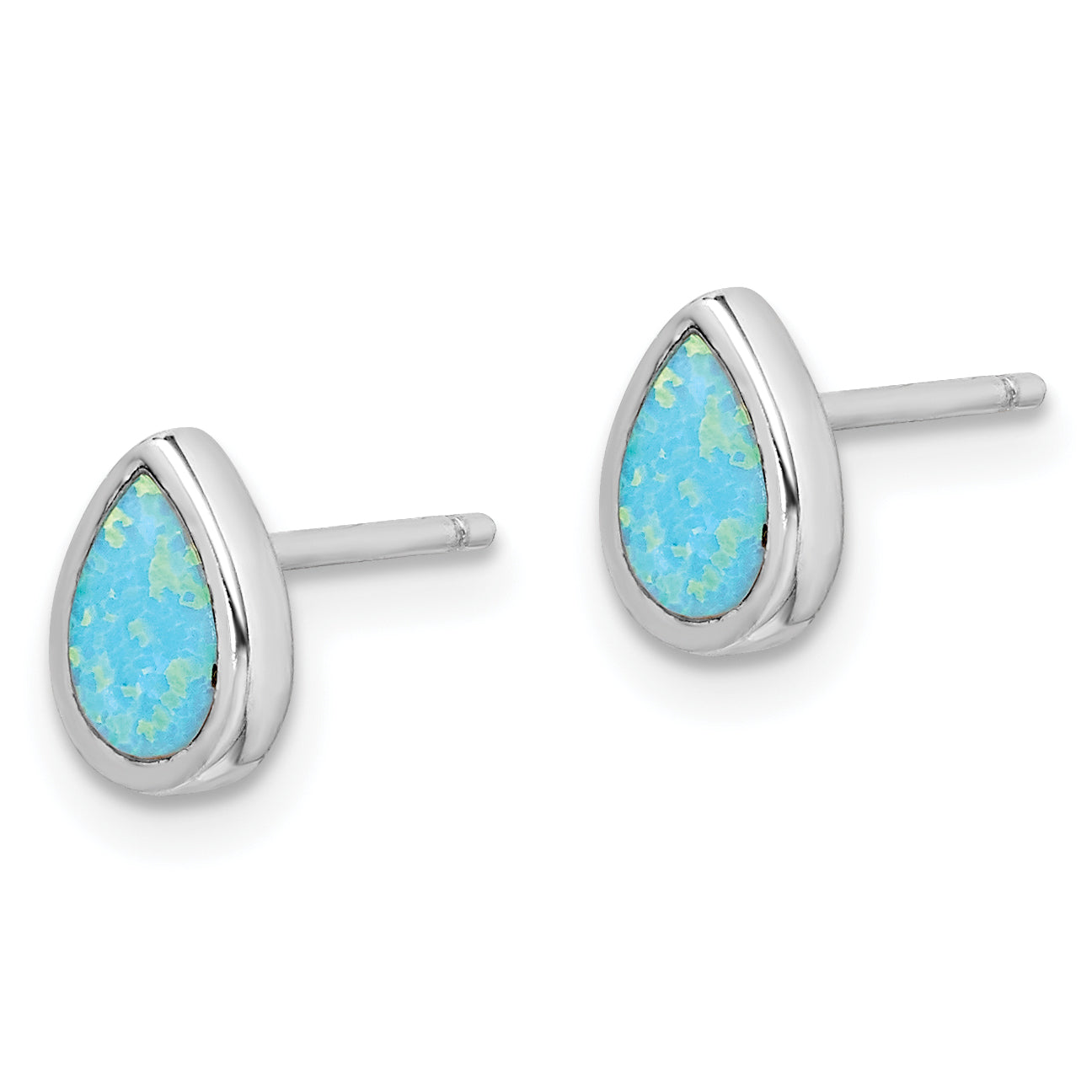Sterling Silver RH-pltd Polished Blue Created Opal Teardrop Stud Earrings Secondary image