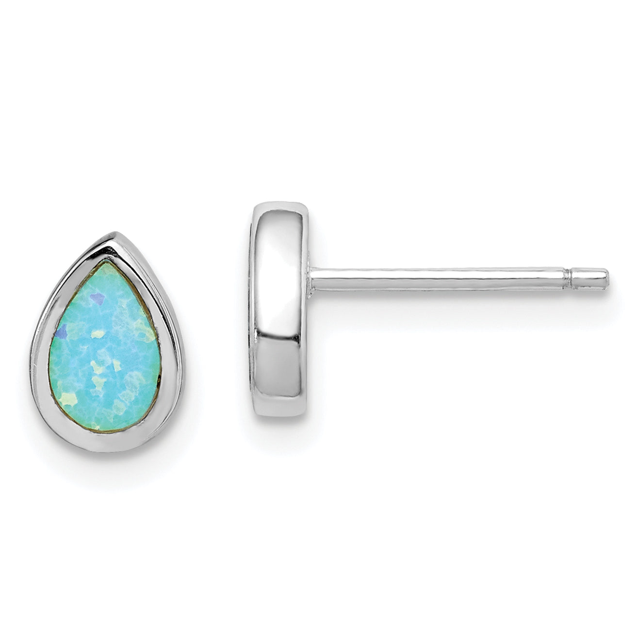 Sterling Silver RH-pltd Polished Blue Created Opal Teardrop Stud Earrings Main image