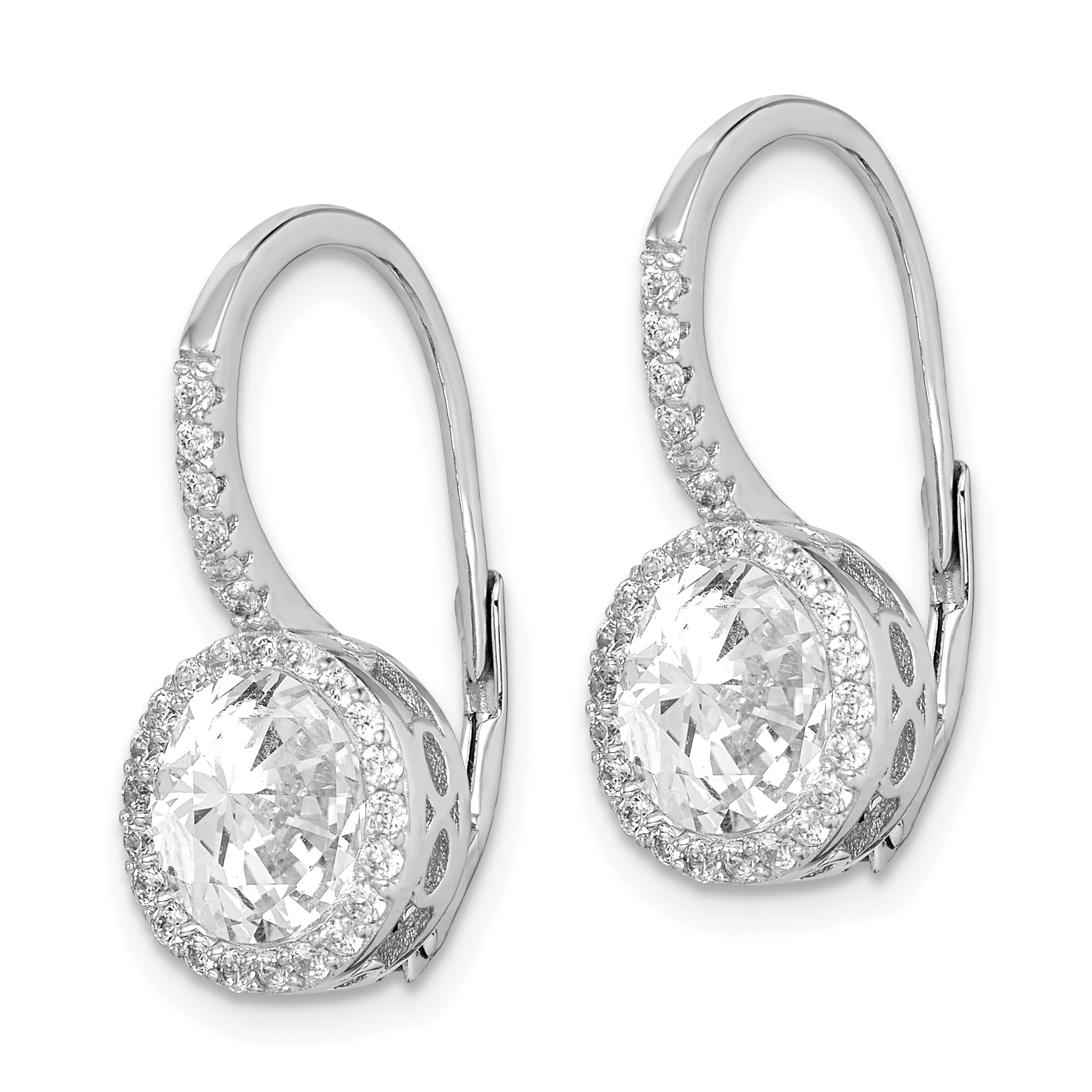 Sterling Silver Rhodium-plated Polished Round CZ Halo Leverback Earrings Secondary image