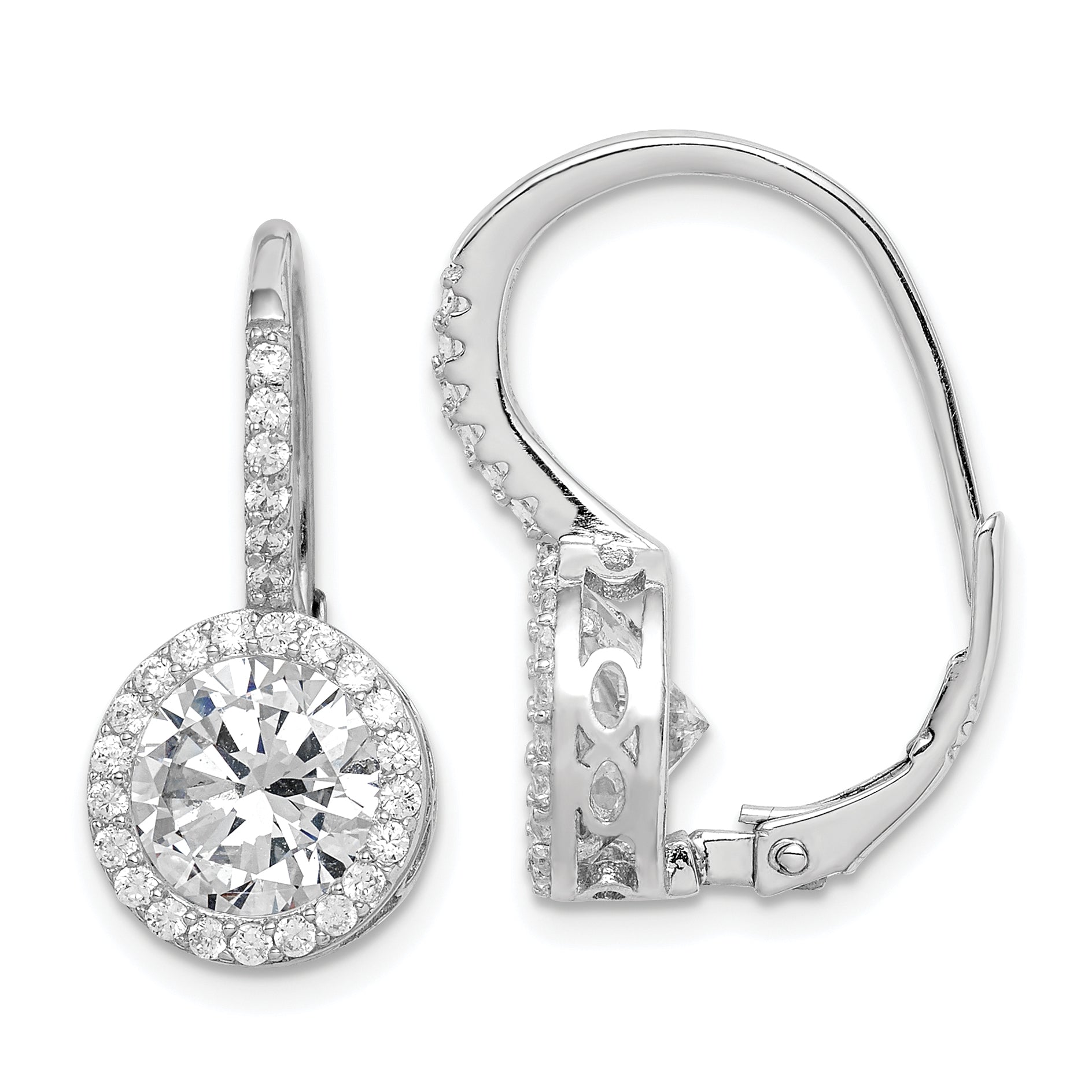 Sterling Silver Rhodium-plated Polished Round CZ Halo Leverback Earrings Main image