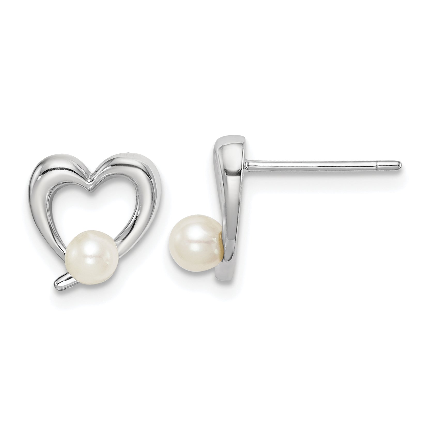Sterling Silver Rhodium-plated 3-4mm White Round Freshwater Cultured Pearl Heart Post Earrings Main image