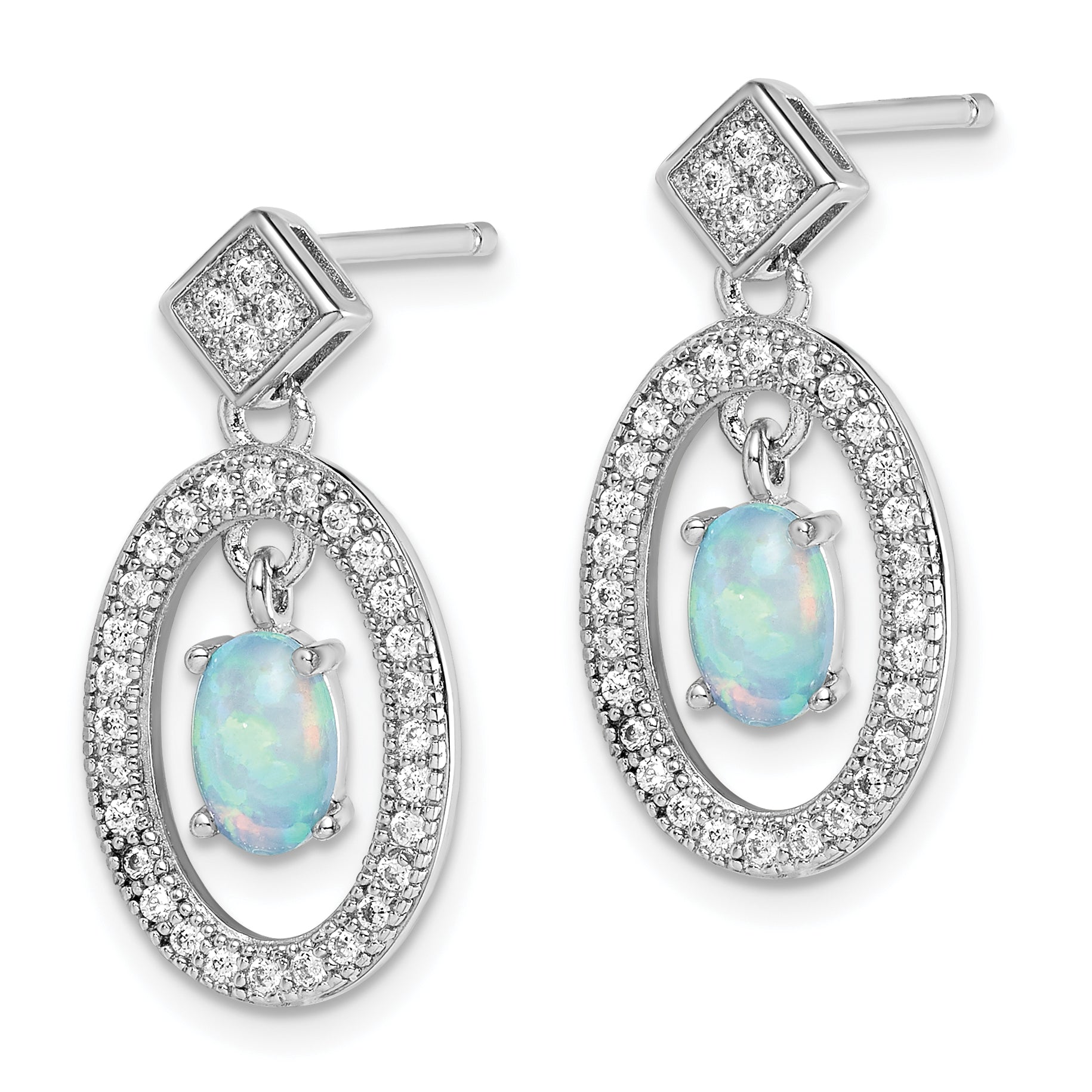 Sterling Silver Rhodium-plated Created Opal & CZ Post Dangle Earrings Secondary image