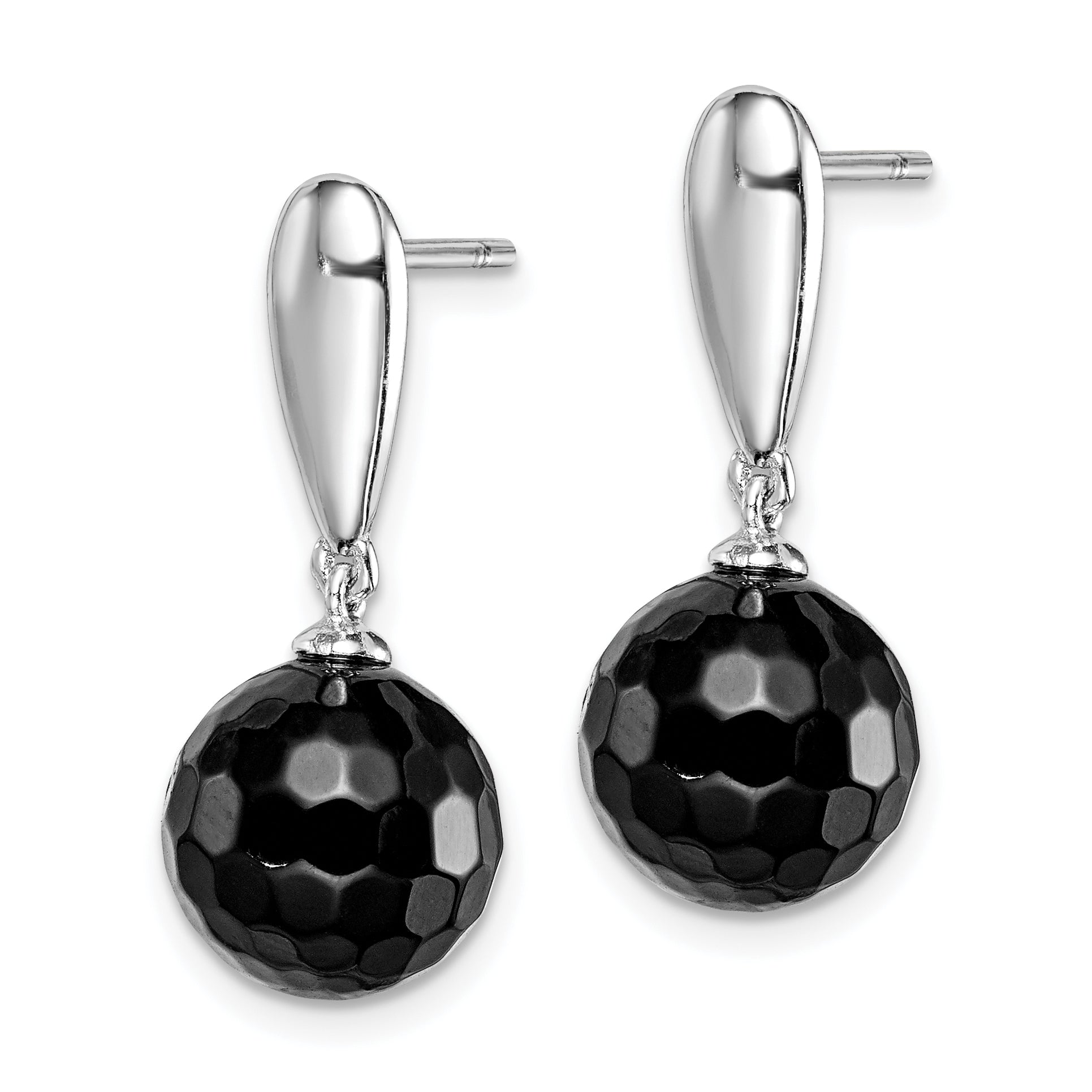 Sterling Silver Rhodium-plated Faceted 10mm Onyx Post Dangle Earrings Secondary image