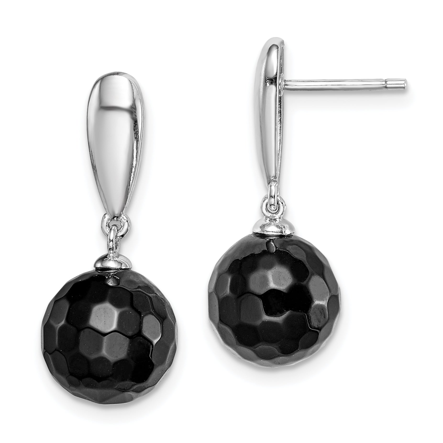 Sterling Silver Rhodium-plated Faceted 10mm Onyx Post Dangle Earrings Main image