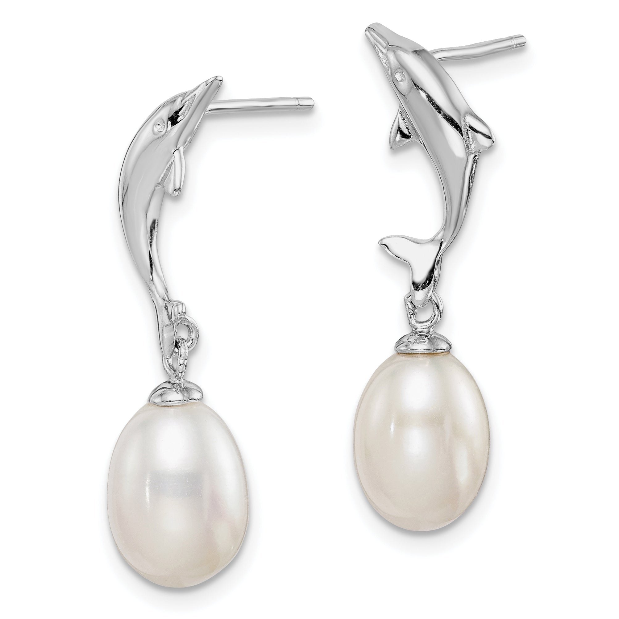 Sterling Silver Rhodium-plated 7-8mm White Rice Freshwater Cultured Pearl Dolphin Post Dangle Earrings Secondary image