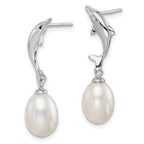 Sterling Silver Rhodium-plated 7-8mm White Rice Freshwater Cultured Pearl Dolphin Post Dangle Earrings