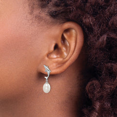 Sterling Silver Rhodium-plated 7-8mm White Rice Freshwater Cultured Pearl Dolphin Post Dangle Earrings