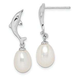 Sterling Silver Rhodium-plated 7-8mm White Rice Freshwater Cultured Pearl Dolphin Post Dangle Earrings