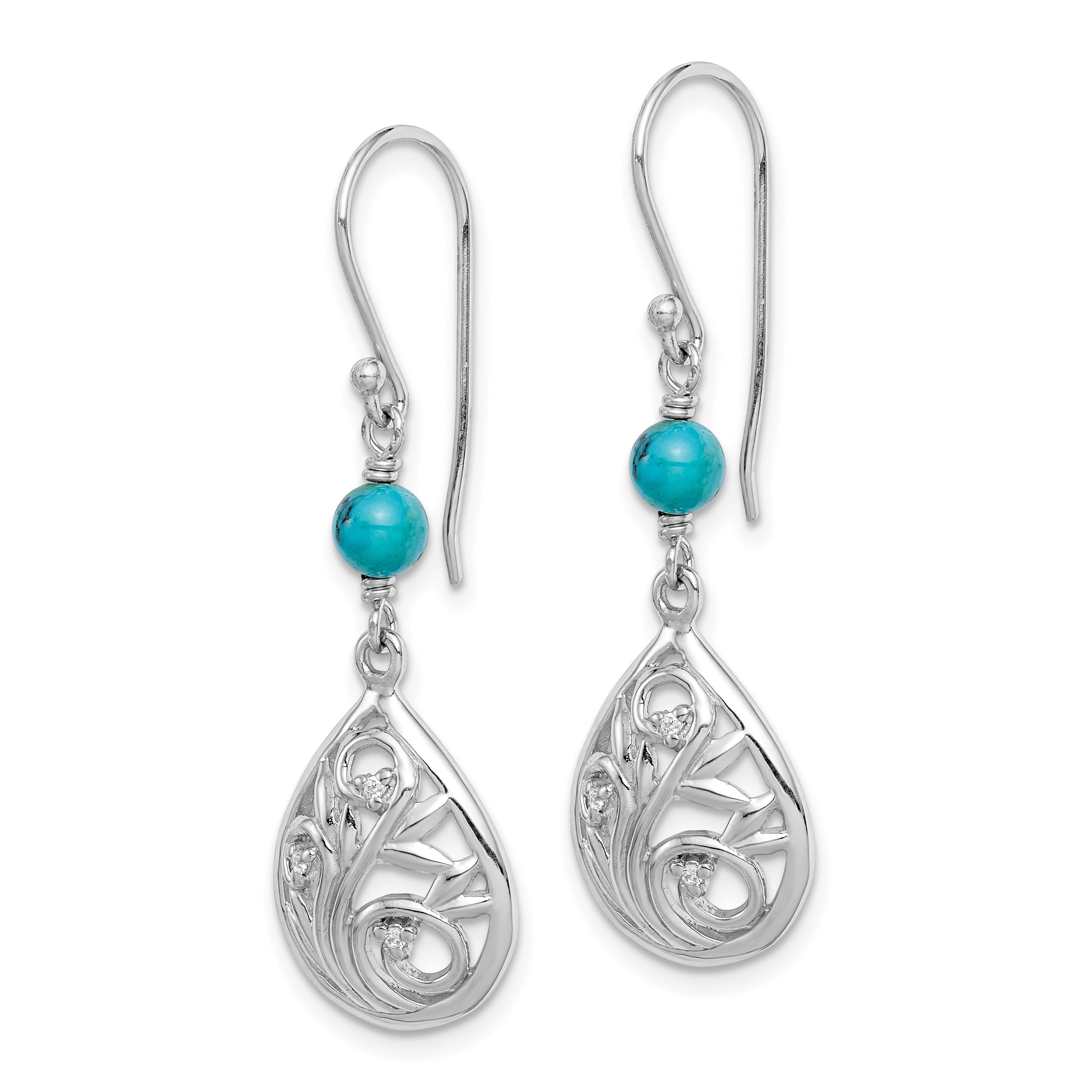 Sterling Silver Rhodium-plated Polished Filigree CZ & Reconstituted Turquoise Teardrop Dangle Earrings Secondary image