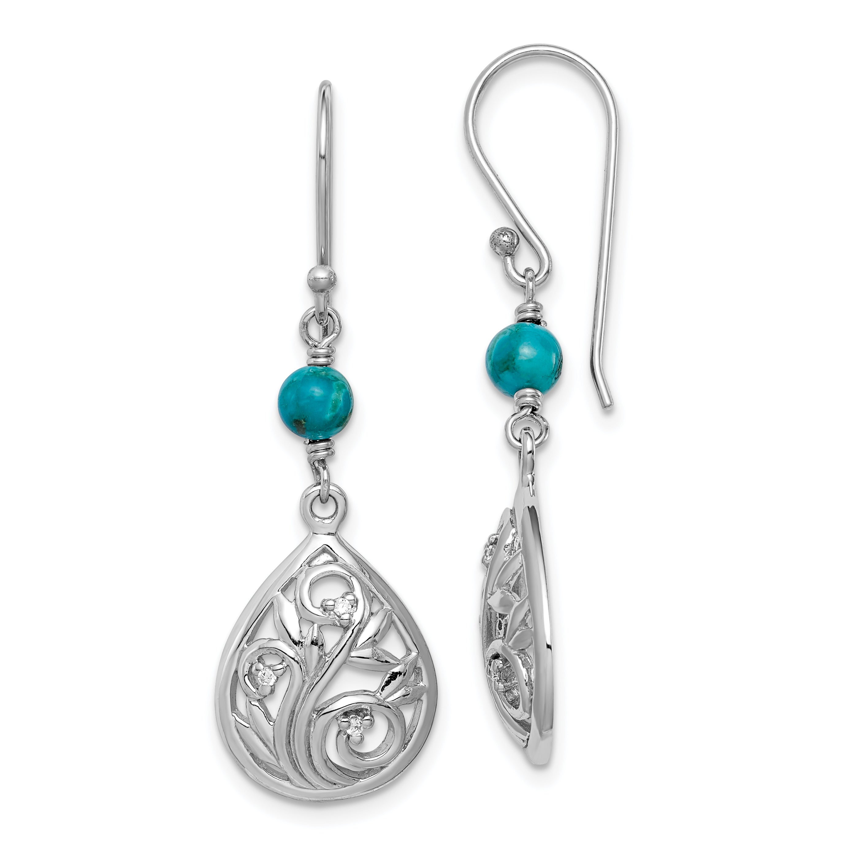 Sterling Silver Rhodium-plated Polished Filigree CZ & Reconstituted Turquoise Teardrop Dangle Earrings Main image