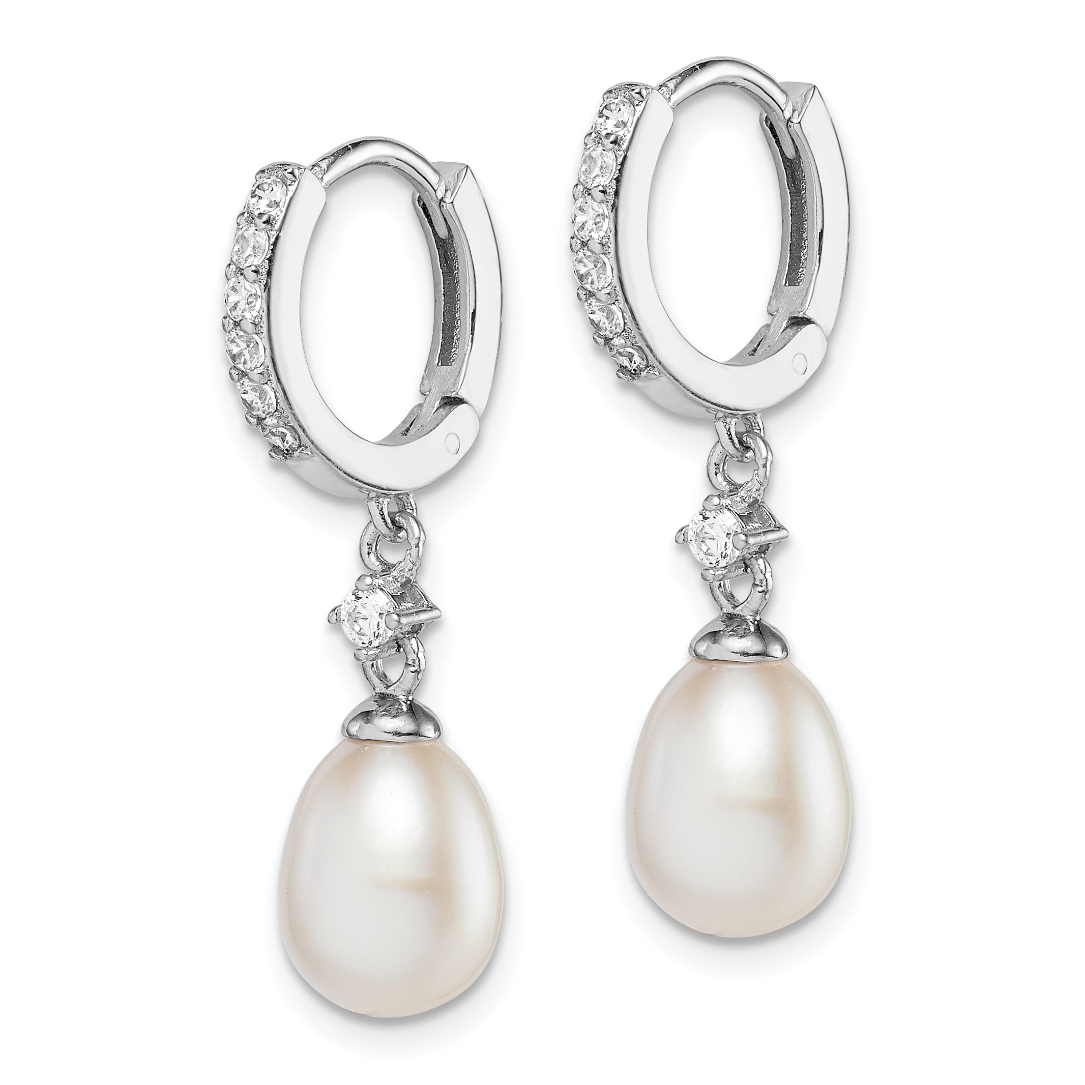 Sterling Silver Rhodium-plated 7-8mm White Freshwater Cultured Pearl and CZ Hoop Dangle Earrings