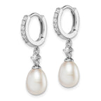 Sterling Silver Rhodium-plated 7-8mm White Freshwater Cultured Pearl and CZ Hoop Dangle Earrings