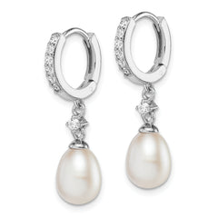 Sterling Silver Rhodium-plated 7-8mm White Freshwater Cultured Pearl and CZ Hoop Dangle Earrings