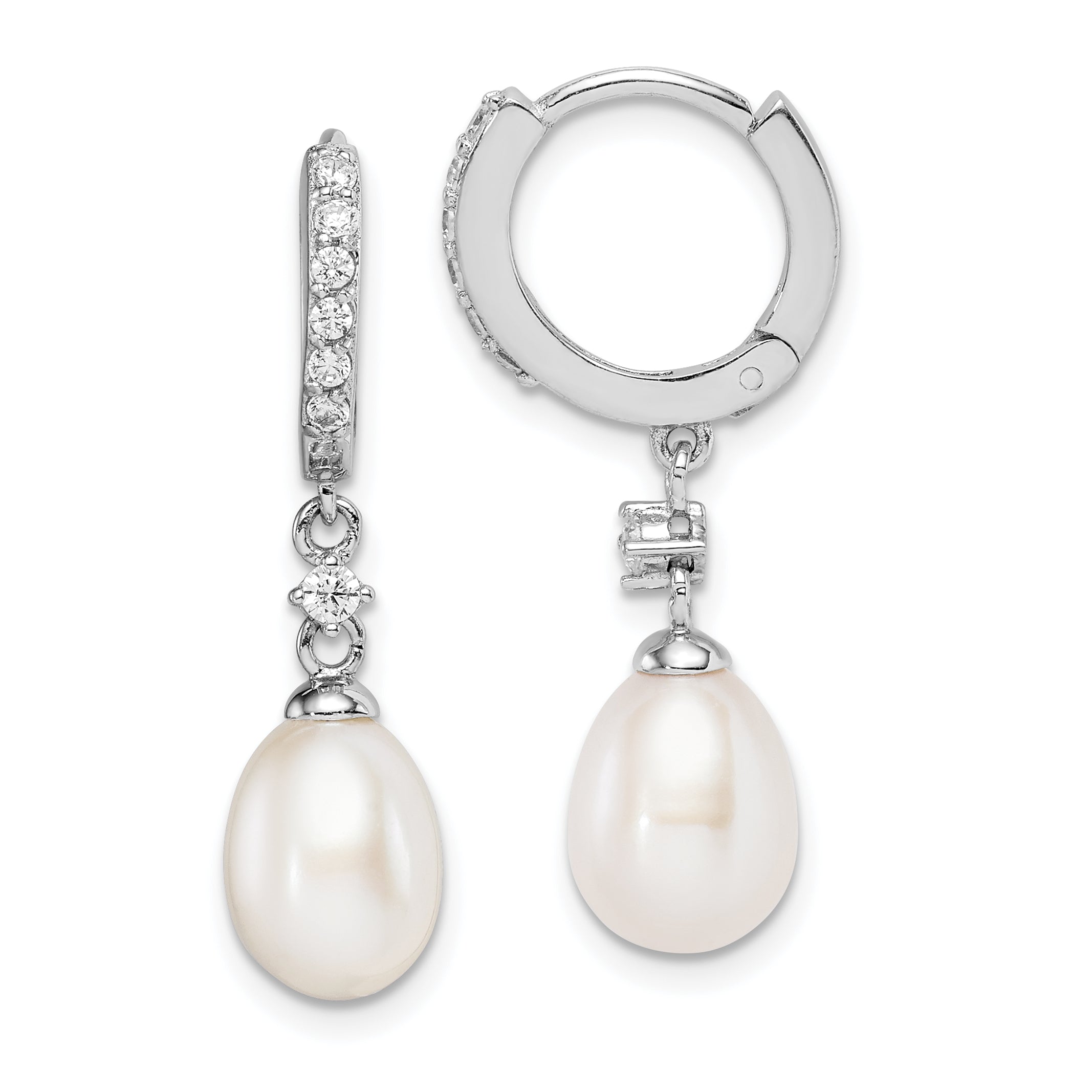 Sterling Silver Rhodium-plated 7-8mm White Freshwater Cultured Pearl and CZ Hoop Dangle Earrings