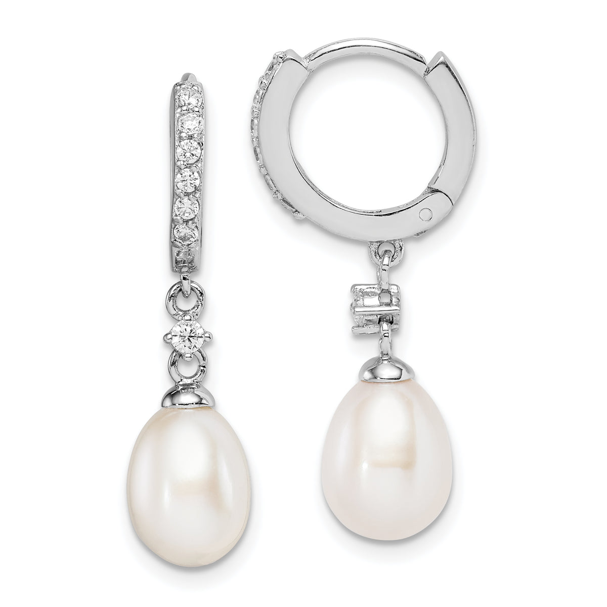 Sterling Silver Rhodium-plated 7-8mm White Freshwater Cultured Pearl and CZ Hoop Dangle Earrings