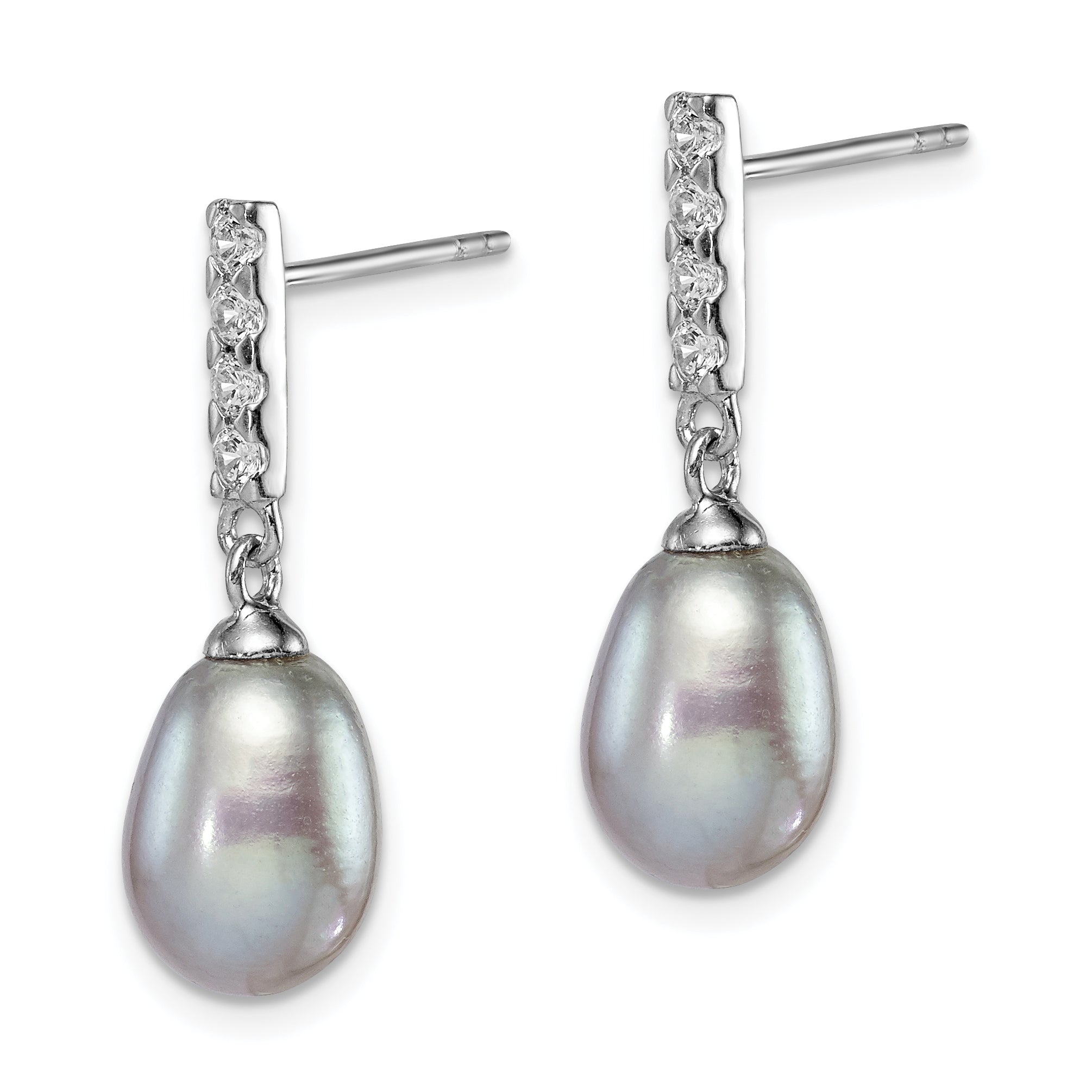 Sterling Silver Rhodium-plated 8-9mm Grey Teardrop Freshwater Cultured Pearl and CZ Post Dangle Earrings
