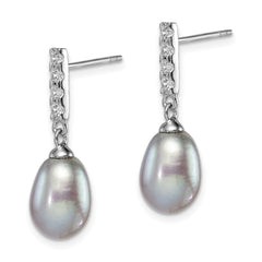 Sterling Silver Rhodium-plated 8-9mm Grey Teardrop Freshwater Cultured Pearl and CZ Post Dangle Earrings