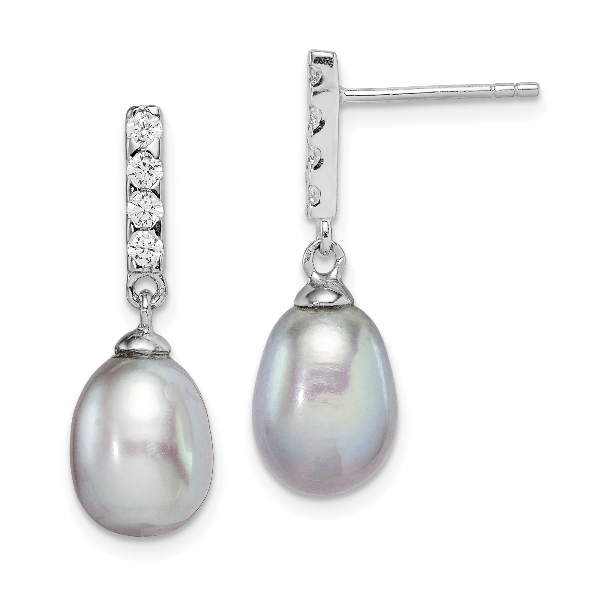 Sterling Silver Rhodium-plated 8-9mm Grey Teardrop Freshwater Cultured Pearl and CZ Post Dangle Earrings Main image