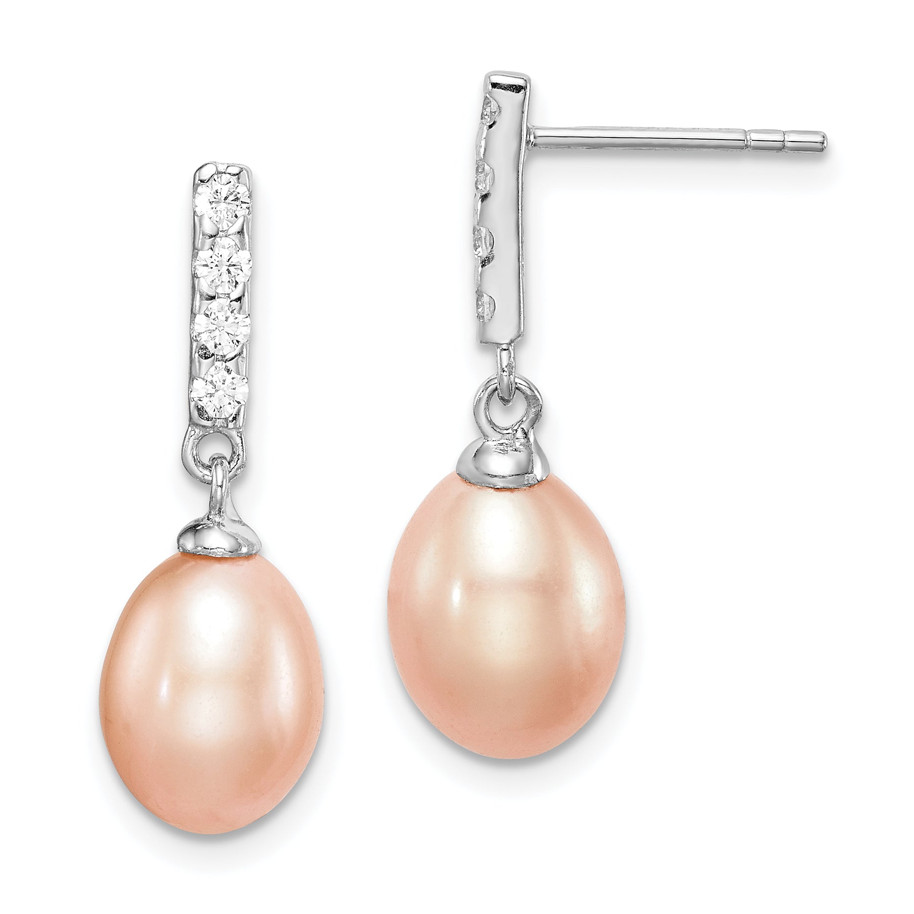 Sterling Silver Rhodium-plated 8-9mm Pink Teardrop Freshwater Cultured Pearl and CZ Post Dangle Earrings Main image