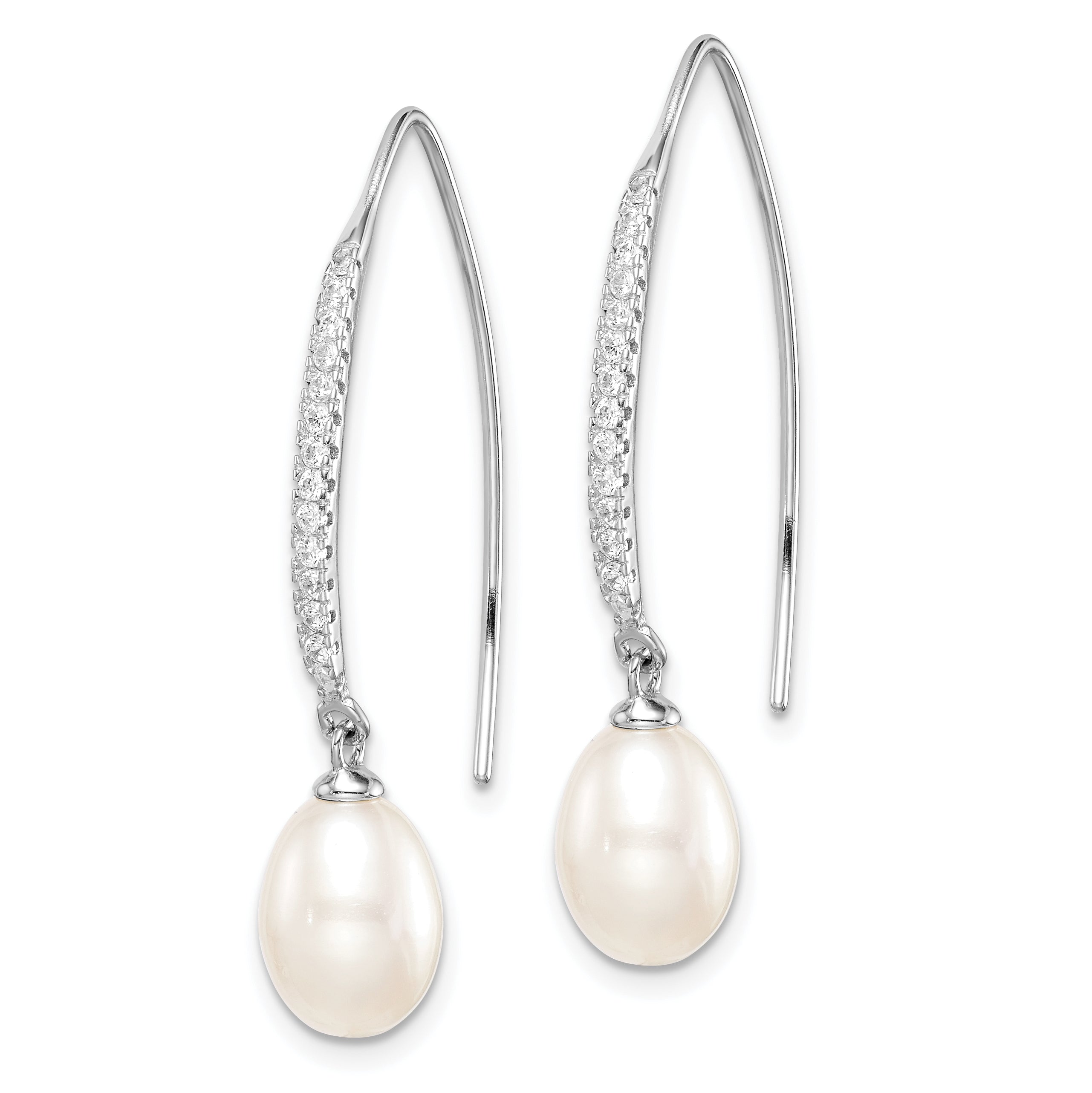 Sterling Silver Rhodium-plated 7-8mm White Teardrop Freshwater Cultured Pearl and CZ Threader Earrings